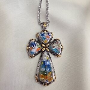 Murano Millefiori Glass Cross Pendant w/ Chain 20in